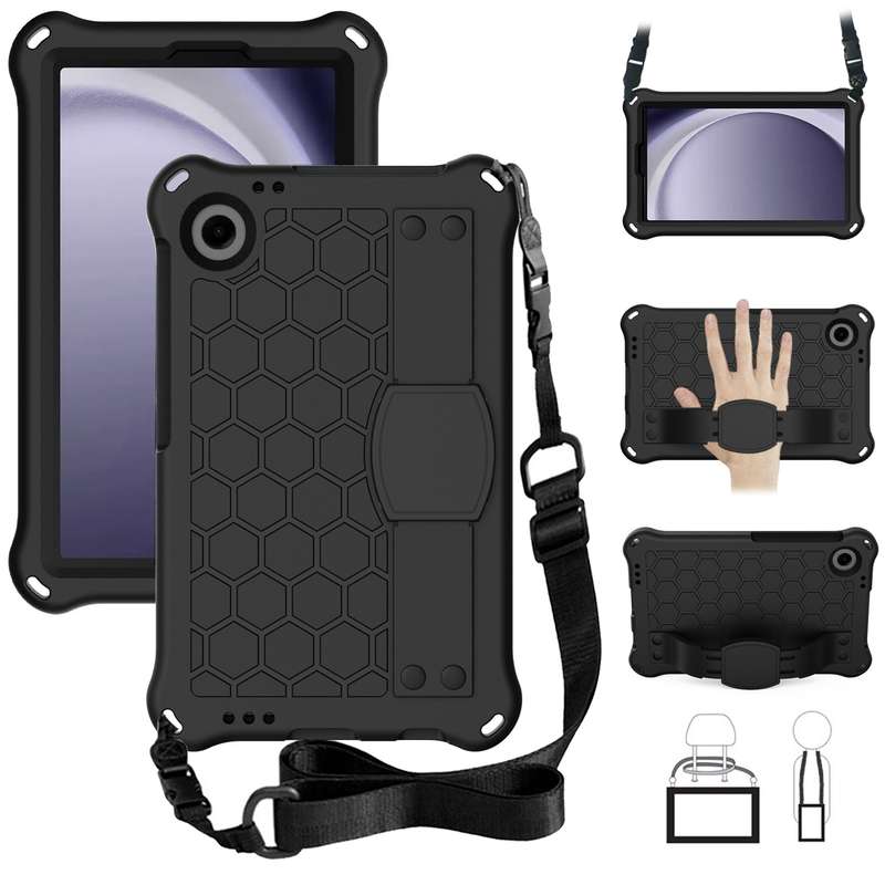 For Samsung Galaxy Tab A9 8.7 X110/X115 Honeycomb EVA Hybrid PC Tablet Case with Strap(Black+Blue)