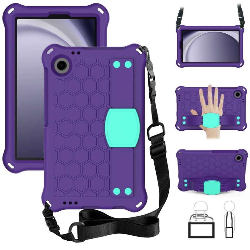 For Samsung Galaxy Tab A9 8.7 X110/X115 Honeycomb EVA Hybrid PC Tablet Case with Strap(Black+Blue)