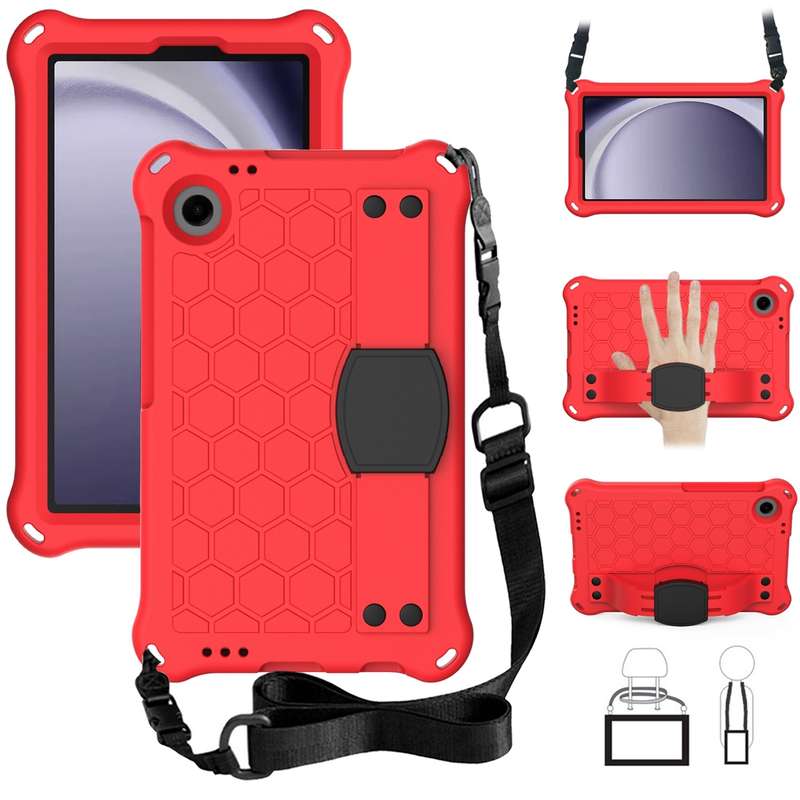 For Samsung Galaxy Tab A9 8.7 X110/X115 Honeycomb EVA Hybrid PC Tablet Case with Strap(Black+Blue)