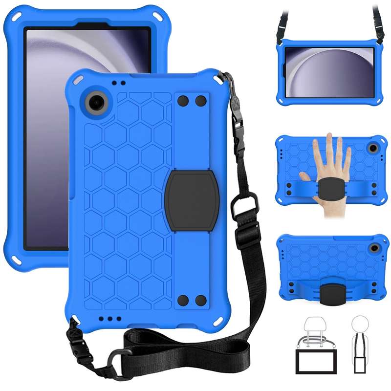 For Samsung Galaxy Tab A9 8.7 X110/X115 Honeycomb EVA Hybrid PC Tablet Case with Strap(Black+Blue)
