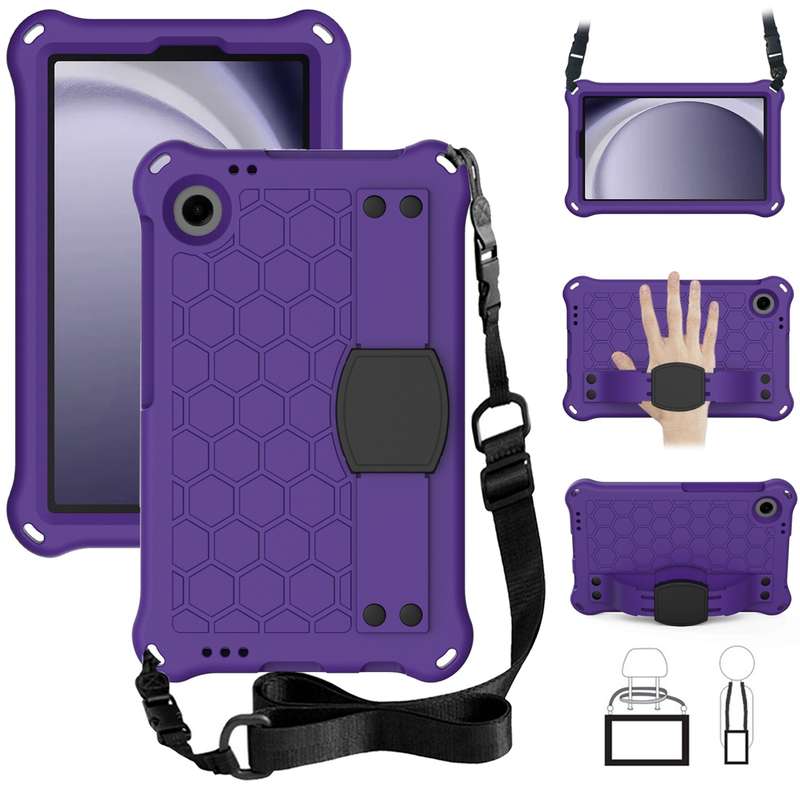 For Samsung Galaxy Tab A9 8.7 X110/X115 Honeycomb EVA Hybrid PC Tablet Case with Strap(Black+Blue)