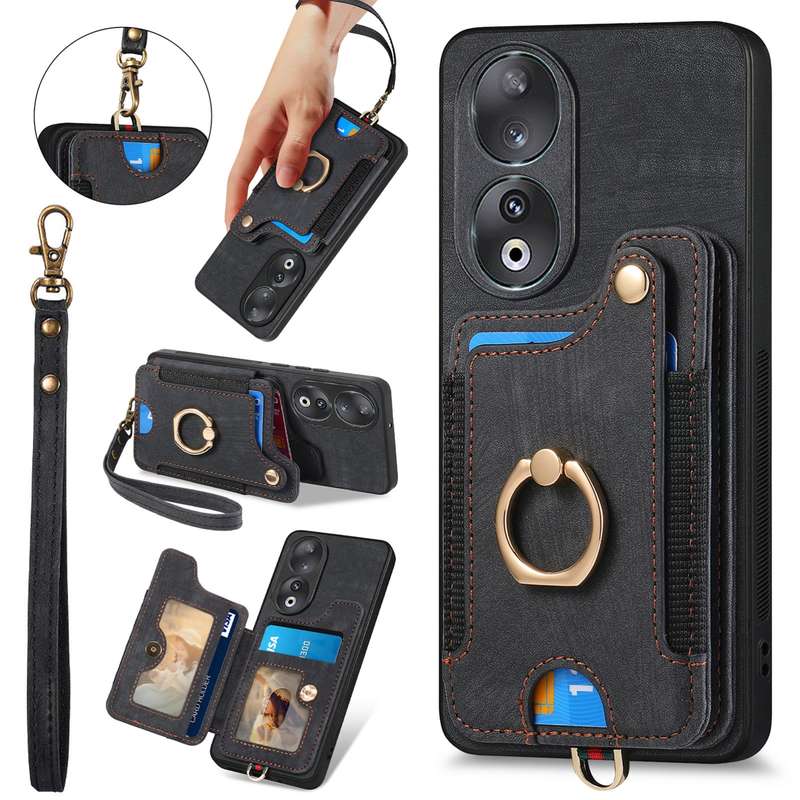 For Honor 90 Retro Skin-feel Ring Multi-card RFID Wallet Phone Case(Green)