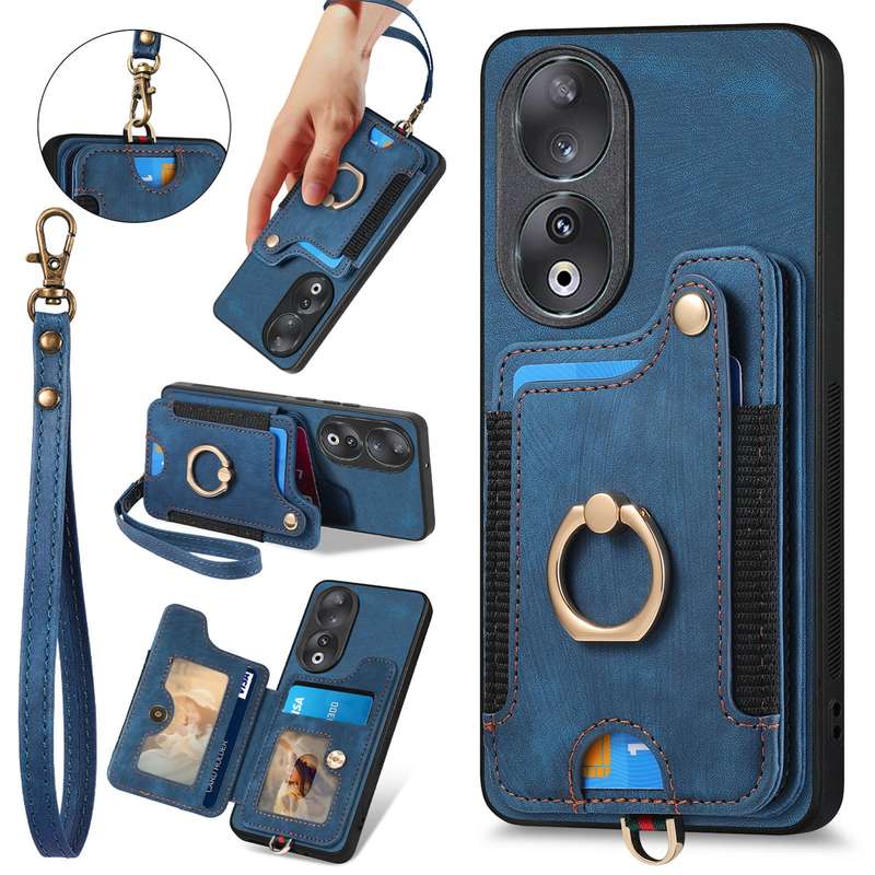 For Honor 90 Retro Skin-feel Ring Multi-card RFID Wallet Phone Case(Green)