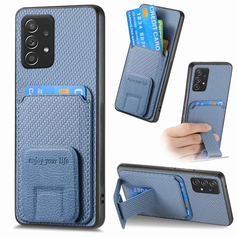 For Samsung Galaxy A73 5G Carbon Fiber Card Bag Fold Stand Phone Case(Khaki)