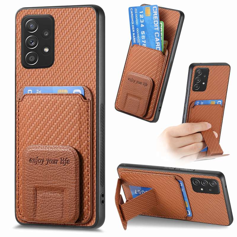 For Samsung Galaxy A73 5G Carbon Fiber Card Bag Fold Stand Phone Case(Khaki)
