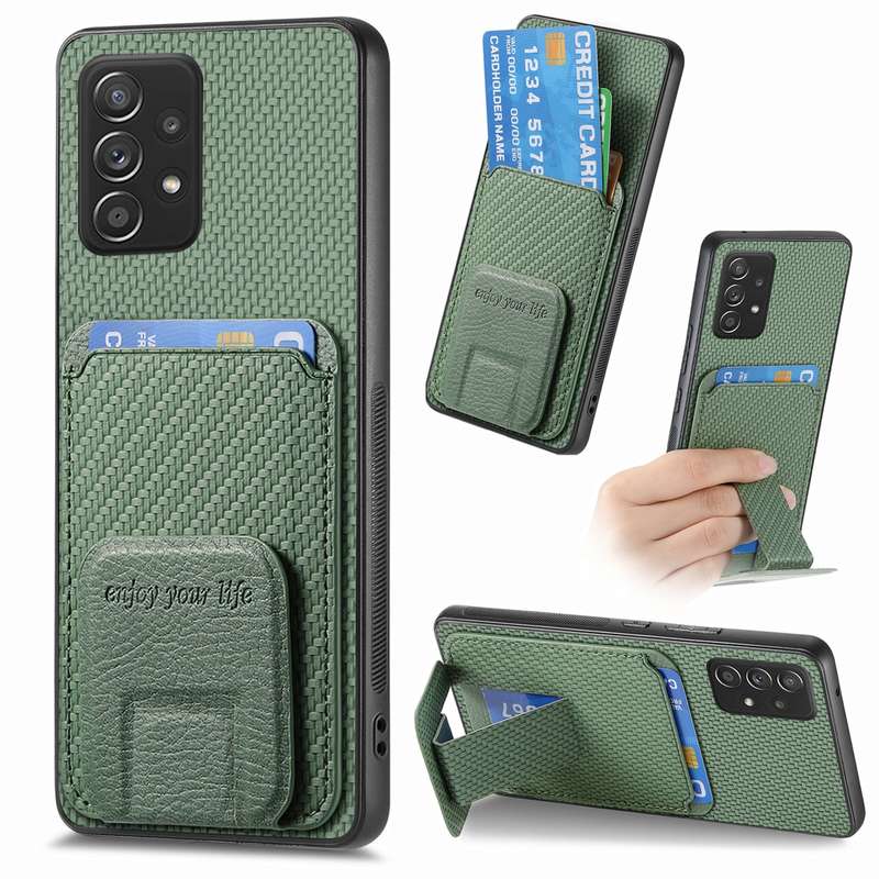 For Samsung Galaxy A73 5G Carbon Fiber Card Bag Fold Stand Phone Case(Khaki)