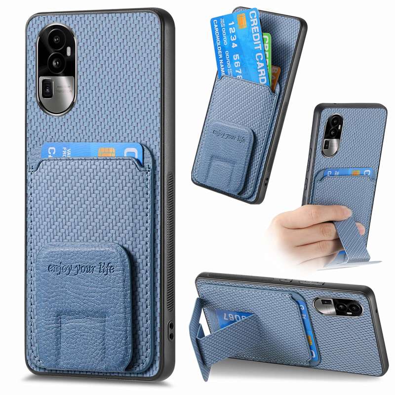 For OPPO Reno10 Pro+ Carbon Fiber Card Bag Fold Stand Phone Case(Khaki)