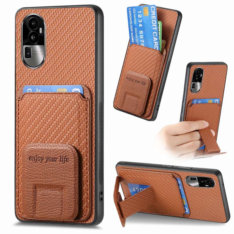 For OPPO Reno10 Pro+ Carbon Fiber Card Bag Fold Stand Phone Case(Khaki)
