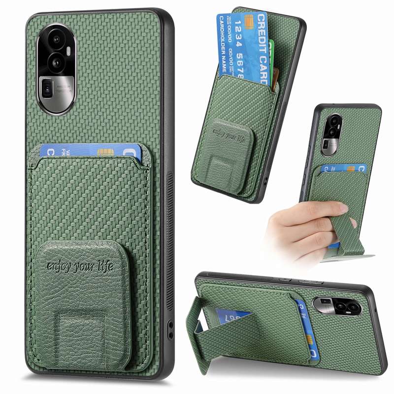 For OPPO Reno10 Pro+ Carbon Fiber Card Bag Fold Stand Phone Case(Khaki)