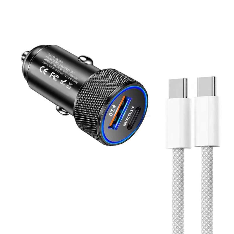 P19 Metal PD20W USB-C + QC18W USB Car Charger with USB-C to USB-C Date Cable for iPhone 15 series(Si