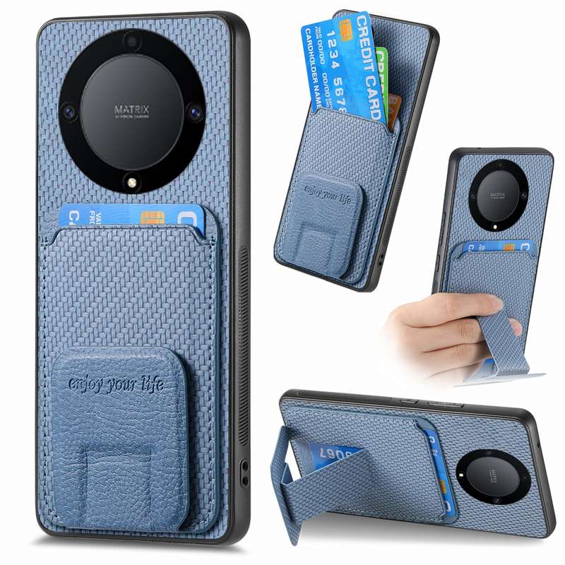 For Honor X9A Carbon Fiber Card Bag Fold Stand Phone Case(Green)