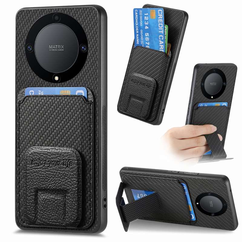 For Honor X9A Carbon Fiber Card Bag Fold Stand Phone Case(Green)