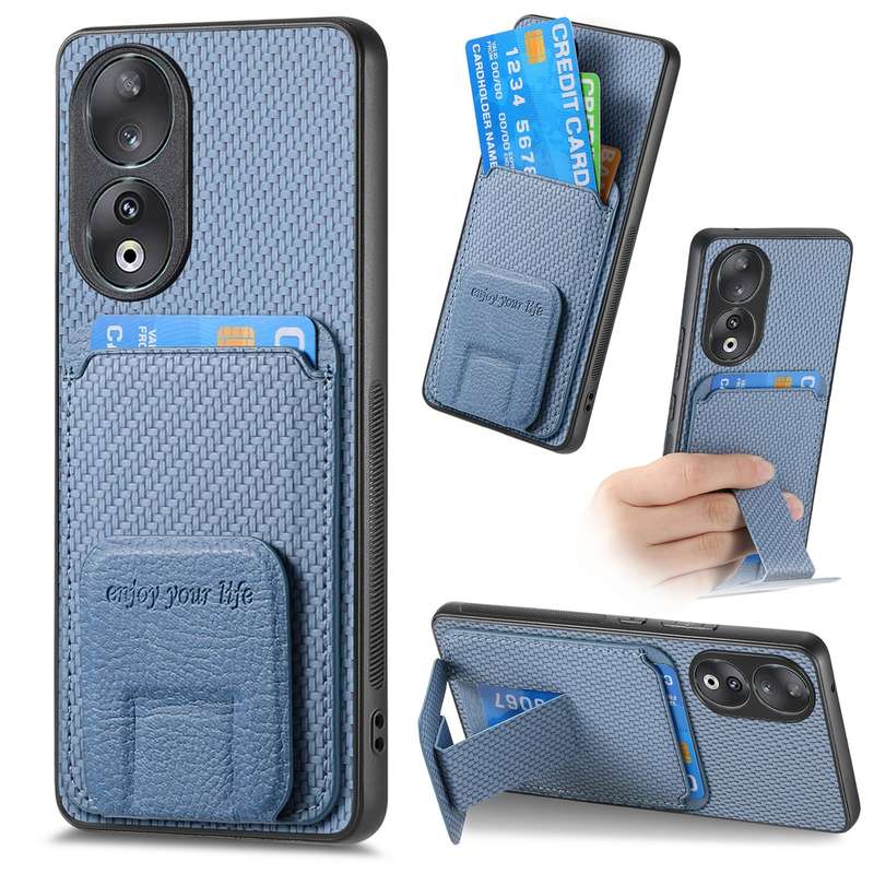 For Honor 90 Carbon Fiber Card Bag Fold Stand Phone Case(Khaki)