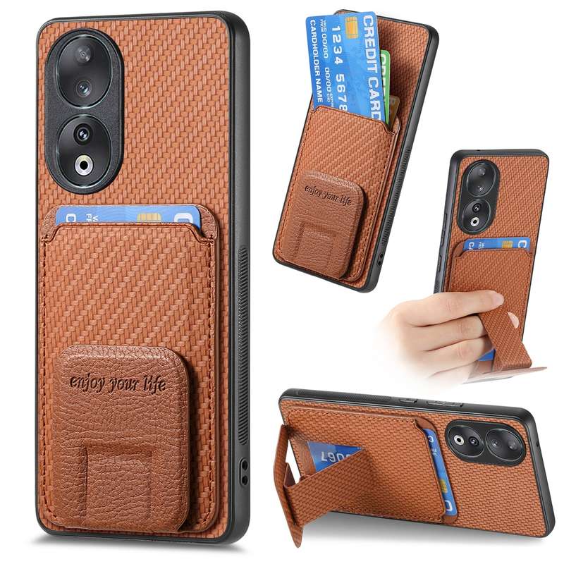 For Honor 90 Carbon Fiber Card Bag Fold Stand Phone Case(Khaki)