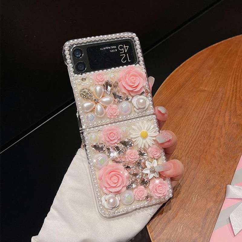 For Samsung Galaxy Z Flip3 5G Rose Hand-set Diamond PC Phone Case(Pink)