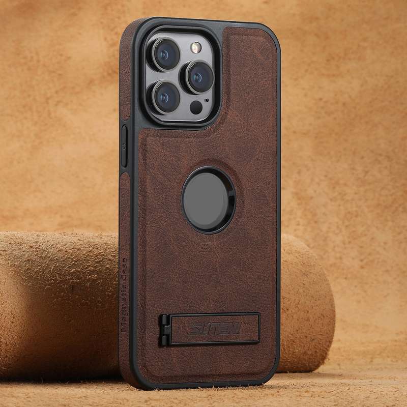 For iPhone 15 Pro Max Suteni G2 Magsafe Litchi Texture Leather Back Phone Case with Holder(Brow