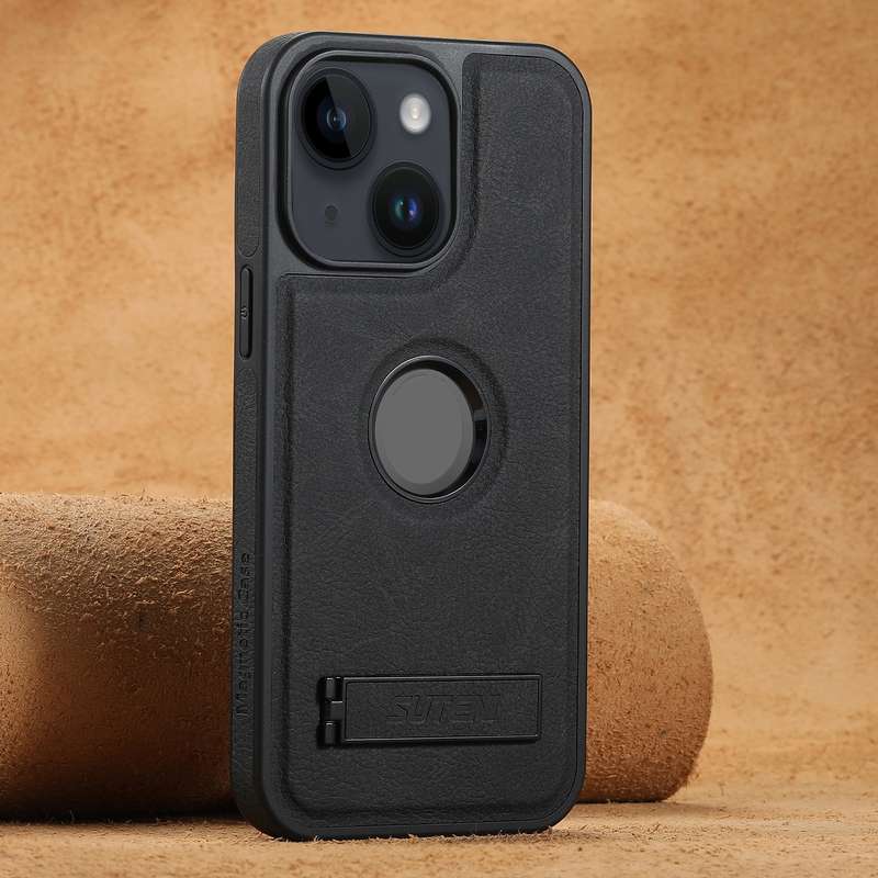 For iPhone 14 Plus Suteni G2 Magsafe Litchi Texture Leather Back Phone Case with Holder(Black)