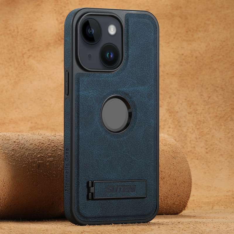 For iPhone 13 Suteni G2 Magsafe Litchi Texture Leather Back Phone Case with Holder(Blue)