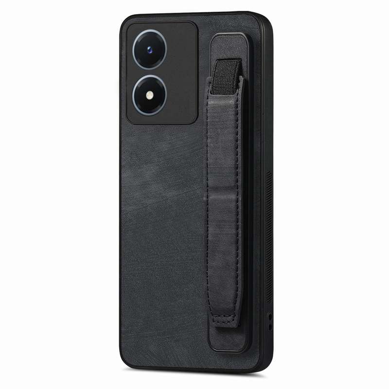 For vivo Y02S Retro Wristband Holder Leather Back Phone Case(Black)