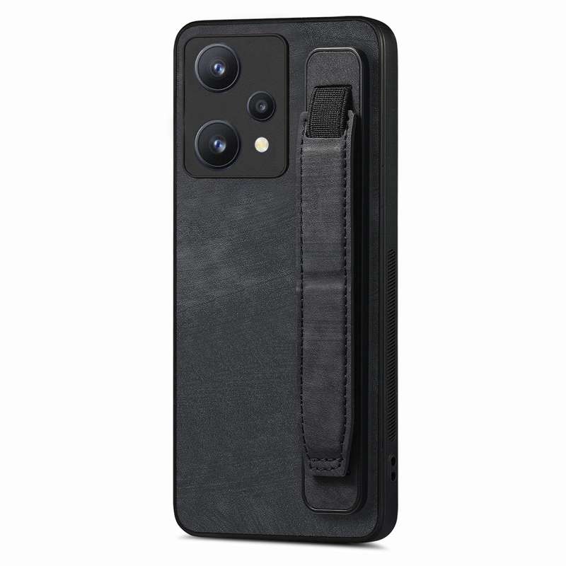 For Realme 9 Pro+ Retro Wristband Holder Leather Back Phone Case(Black)
