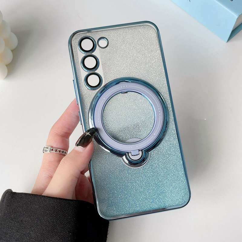 For Samsung Galaxy S23 5G Rotation MagSafe Holder Gradient Glitter TPU Phone Case(Sierra Blue)
