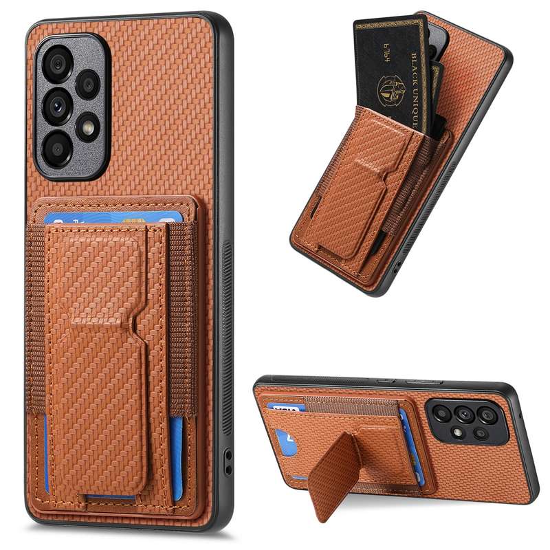 For Samsung Galaxy A82 5G Carbon Fiber Fold Stand Elastic Card Bag Phone Case(Brown)