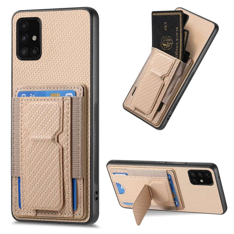 For Samsung Galaxy A51 4G Carbon Fiber Fold Stand Elastic Card Bag Phone Case(Khaki)
