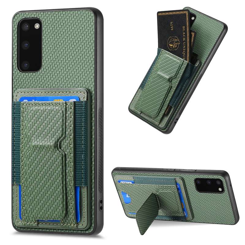 For Samsung Galaxy S20 Carbon Fiber Fold Stand Elastic Card Bag Phone Case(Green)