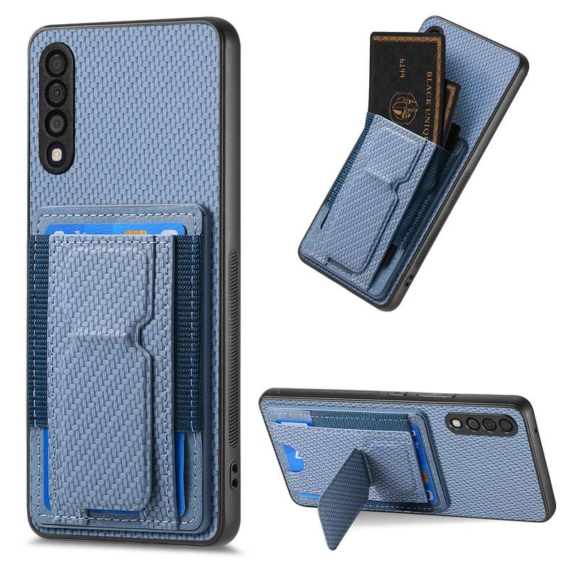 For Samsung Galaxy A70 / A70s Carbon Fiber Fold Stand Elastic Card Bag Phone Case(Blue)