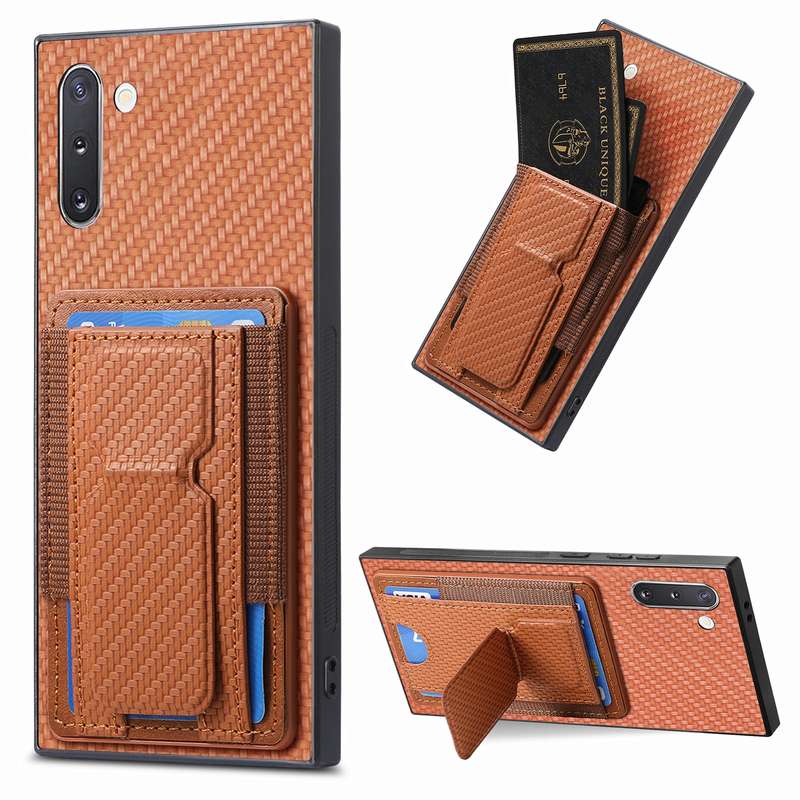 For Samsung Galaxy Note10 Carbon Fiber Fold Stand Elastic Card Bag Phone Case(Brown)