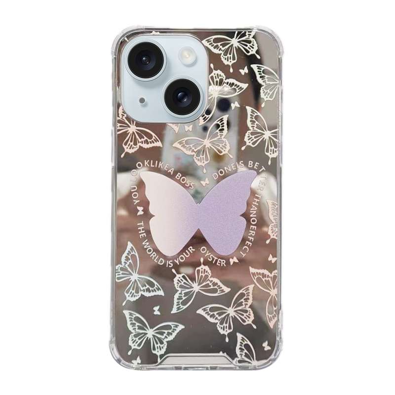 For iPhone 15 Color Painted Mirror Phone Case(White mirror butterfly)