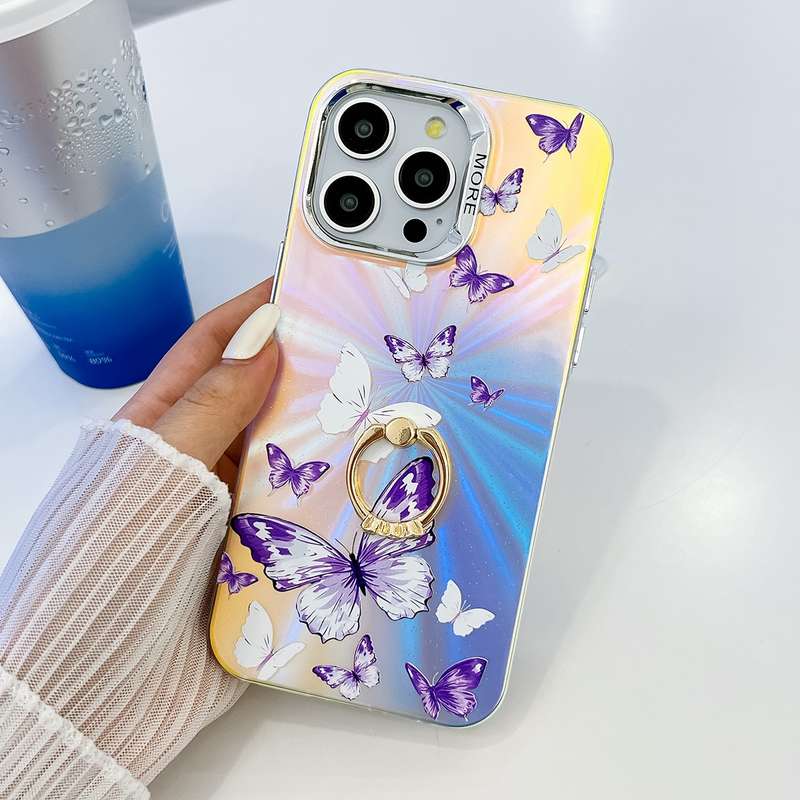 For iPhone 15 Pro Max Electroplating Laser Butterfly Ring Holder Phone Case(White Purple Butter