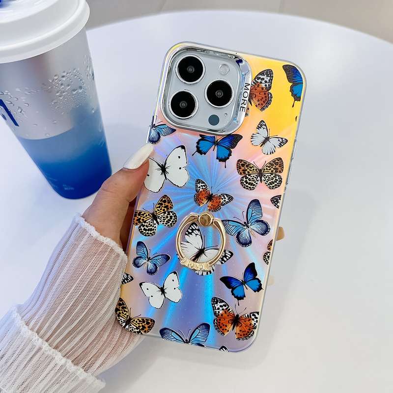 For iPhone 15 Pro Max Electroplating Laser Butterfly Ring Holder Phone Case(Color Butterflies A