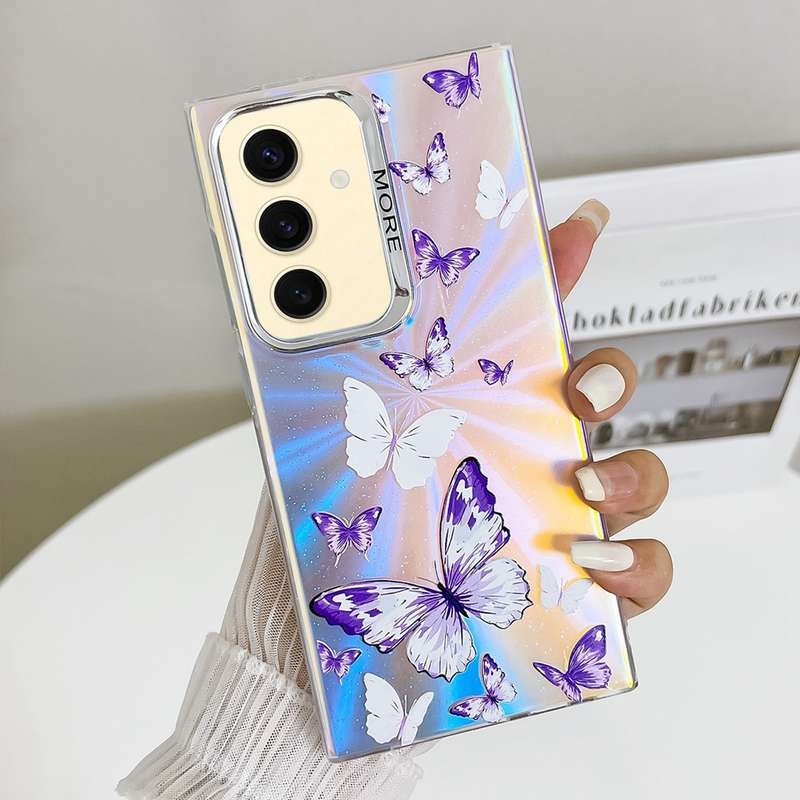 For Samsung Galaxy S24 5G Electroplating Laser Butterfly Phone Case(White Purple Butterflies AB