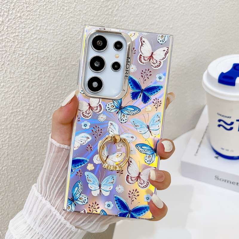 For Samsung Galaxy S24 Ultra 5G Electroplating Laser Butterfly Ring Holder Phone Case(Blue Butt