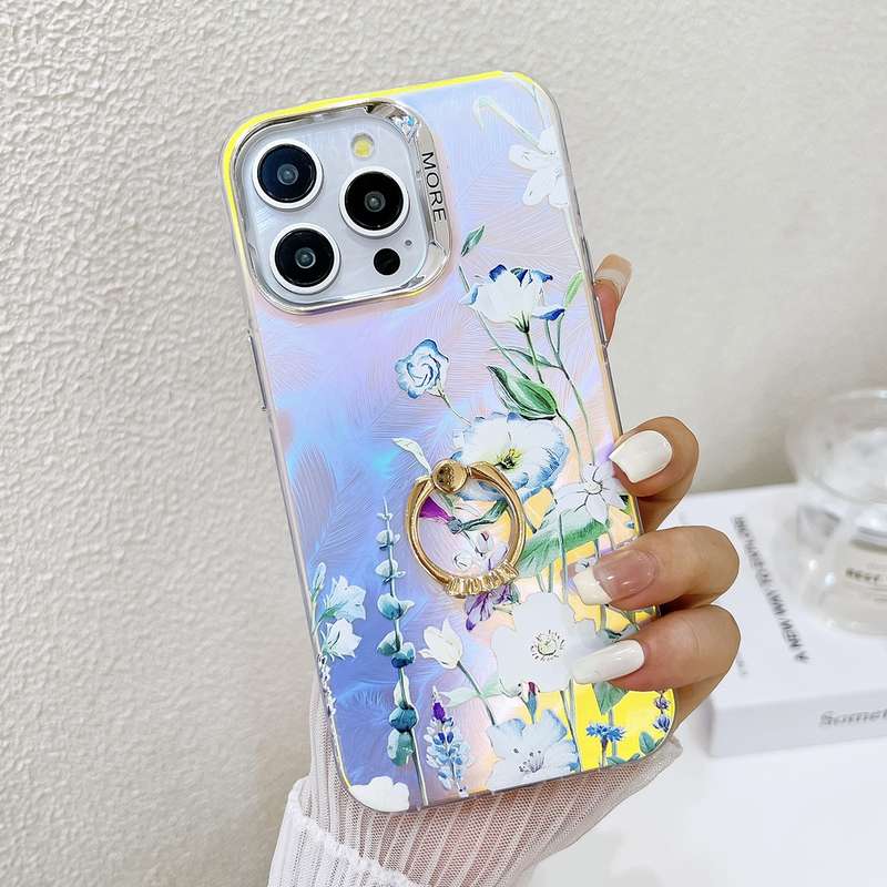 For iPhone 15 Pro Electroplating Laser Flower Ring Holder TPU Phone Case(Blue Flower AH8)