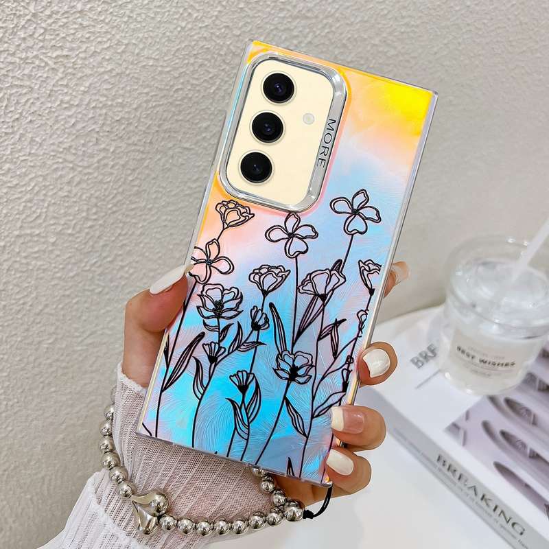 For Samsung Galaxy S24+ 5G Electroplating Laser Flower Phone Case with Wrist Strap(Drawn Flower