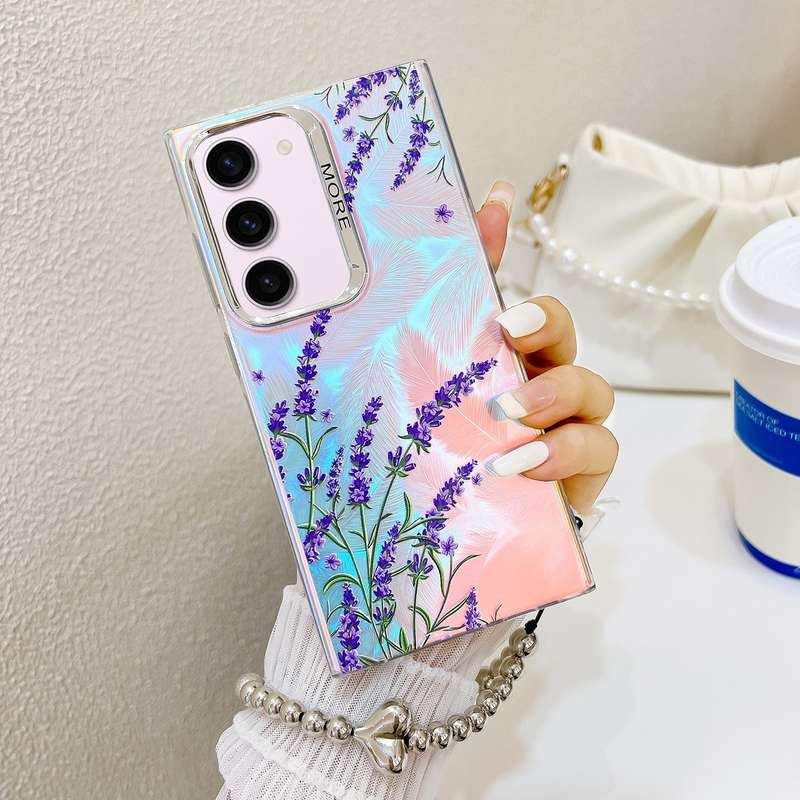 For Samsung Galaxy S23+ 5G Electroplating Laser Flower Phone Case with Wrist Strap(Lavender AH1