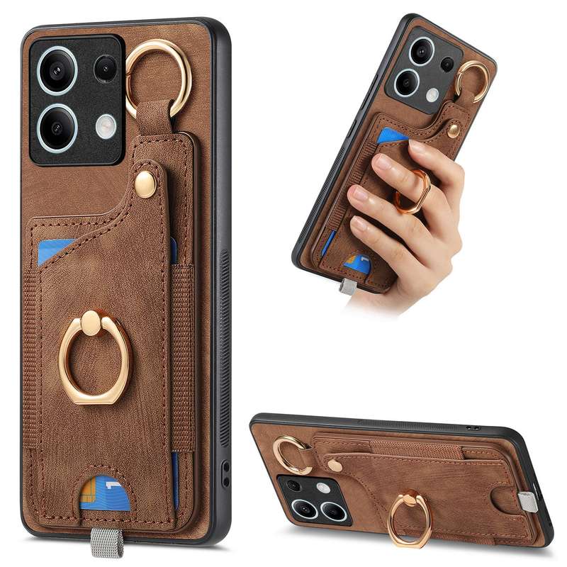 For Redmi Note 13 5G Retro Skin-feel Ring Card Bag Phone Case with Hang Loop(Brown)