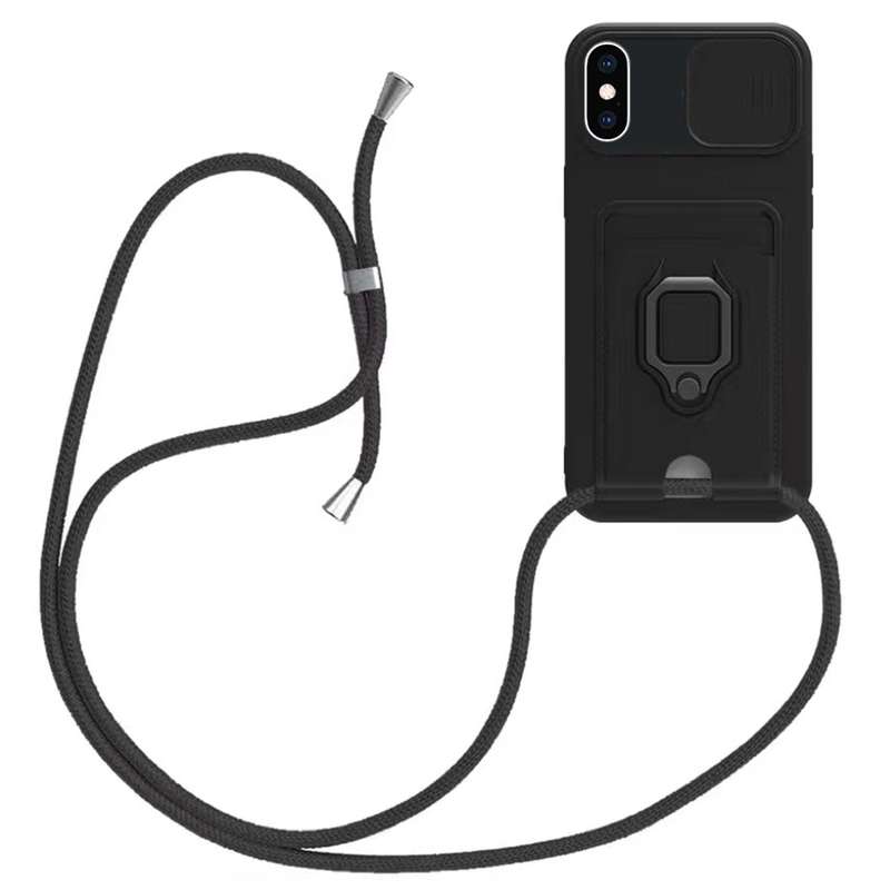 For iPhone XS Max Sliding Camshield Magnetic Card Holder Silicone Phone Case with Lanyard(Black