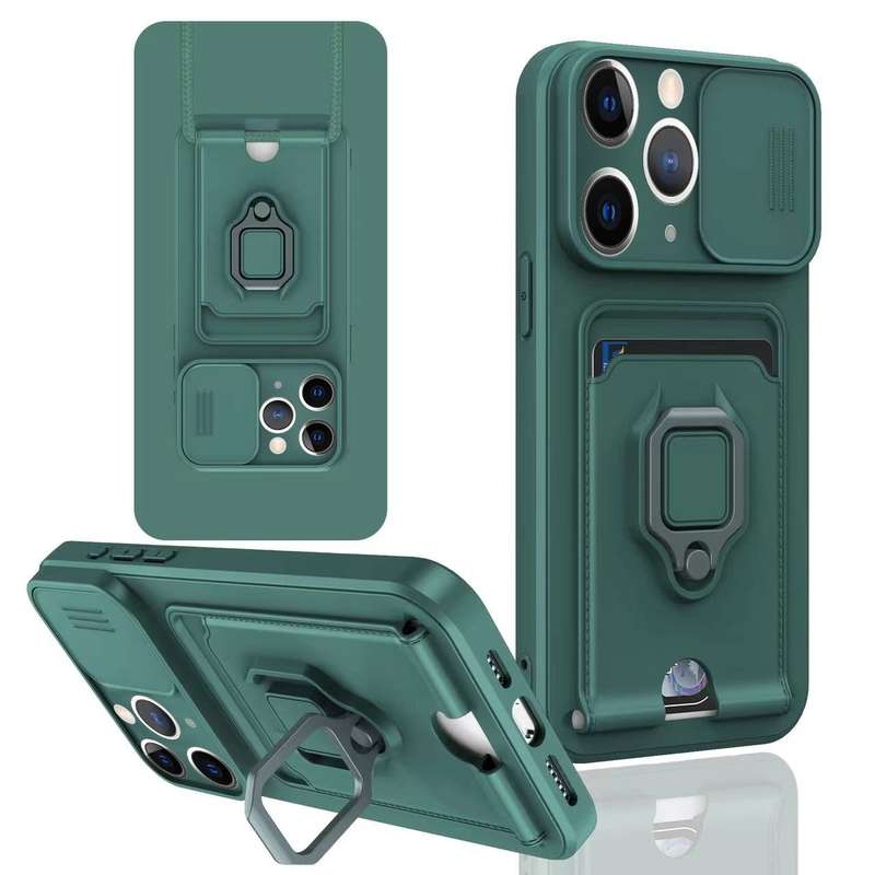 For iPhone 11 Pro Max Sliding Camshield Magnetic Card Holder Silicone Phone Case(Dark Night Gre