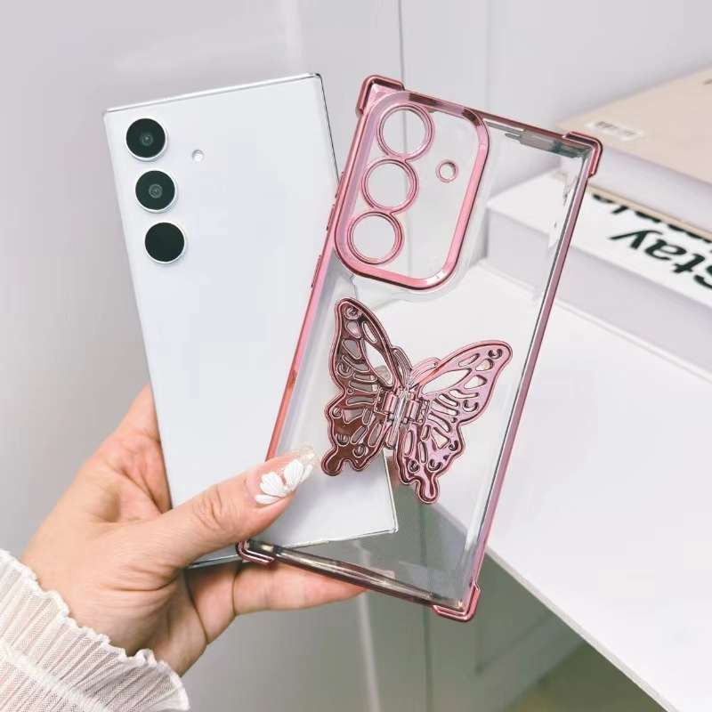 For Samsung Galaxy A55 Electrpolated 3D Butterfly Holder TPU Phone Case(Pink)
