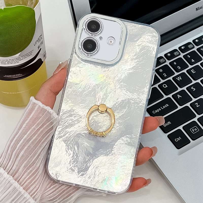 For iPhone 16 Plating Glitter Texture Ring Holder TPU Phone Case with Lens Film(White Tinfoil T