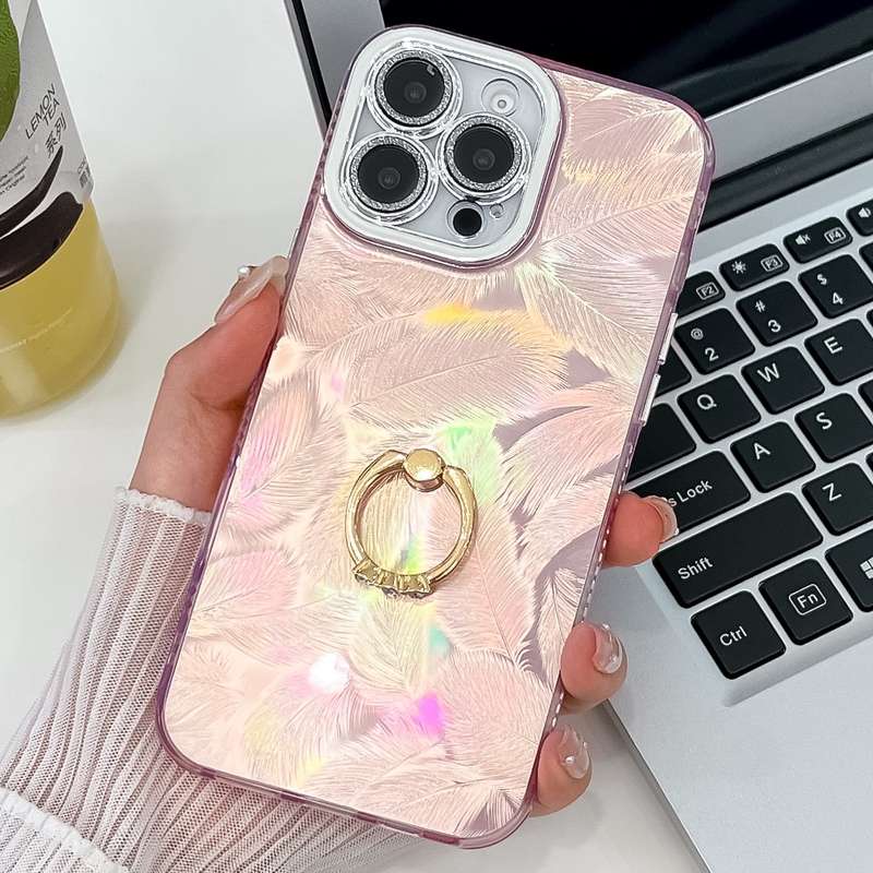 For iPhone 13 Pro Plating Glitter Texture Ring Holder TPU Phone Case with Lens Film(Pink Feathe