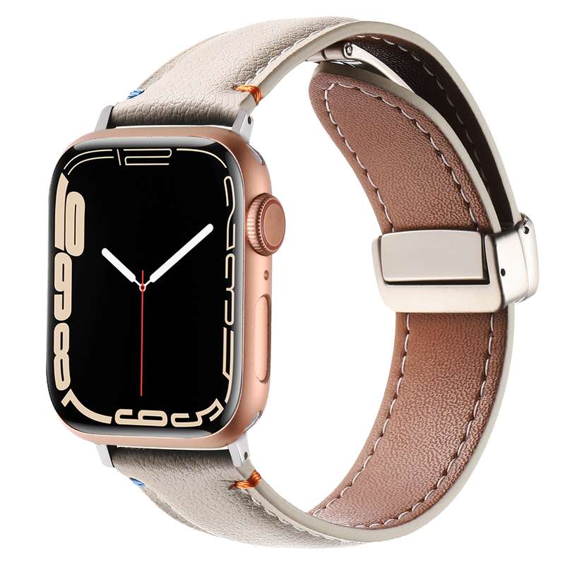 Magnetic Buckle Stitched Genuine Leather Watch Band For Apple Watch 42mm / 41mm / 40mm / 38mm(Pink)
