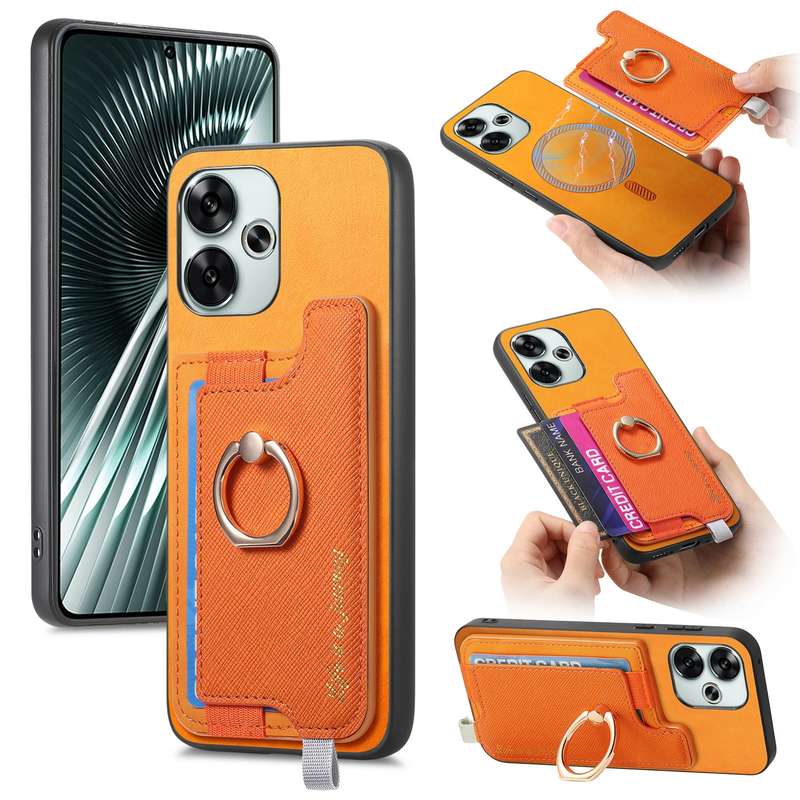 For Redmi Turbo 3 5G Retro Magsafe Cross Leather Ring Holder Card Bag Phone Case(Yellow)