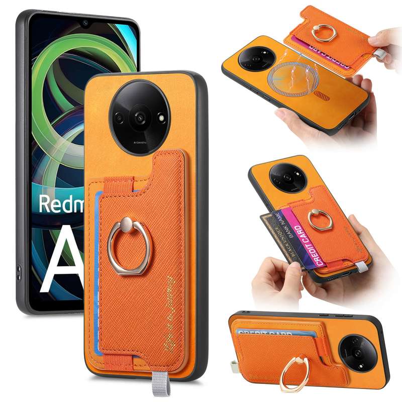 For Xiaomi Redmi A3 Retro Magsafe Cross Leather Ring Holder Card Bag Phone Case(Yellow)
