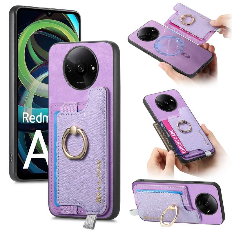 For Xiaomi Redmi A3 Retro Magsafe Cross Leather Ring Holder Card Bag Phone Case(Yellow)
