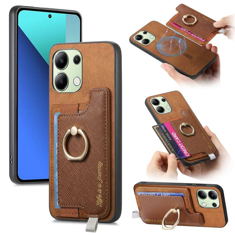 For Xiaomi Redmi Note 13 4G Retro Magsafe Cross Leather Ring Holder Card Bag Phone Case(Yellow)