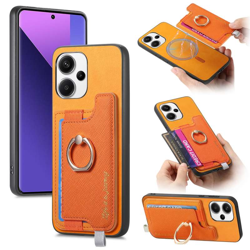 For Redmi Note 13 Pro+ Retro Magsafe Cross Leather Ring Holder Card Bag Phone Case(Yellow)